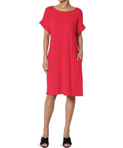 Women's Jersey Oversized-Fit Short-Sleeve Pocket Knee Length Midi T-Shirt Dress Red $13.43 Dresses