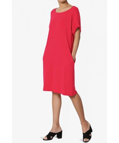 Women's Jersey Oversized-Fit Short-Sleeve Pocket Knee Length Midi T-Shirt Dress Red $13.43 Dresses