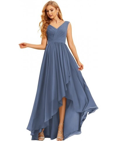 Maxi High Low Long Bridesmaid Dresses Chiffon Ruched Empire Waist Summer Spaghetti Strap Slit Flowy Evening Gowns Dusty Slate...