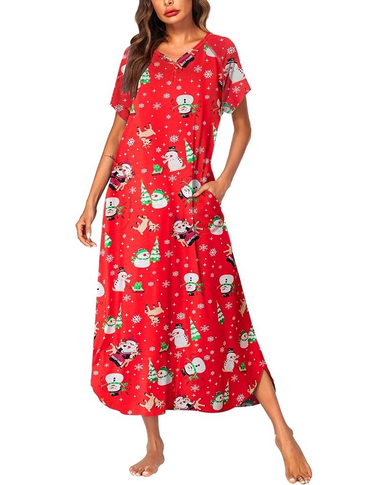 Long Nightgown,Women's Loungewear Short Sleeve Sleepwear Full Length Sleep Shirt with Pockets,Plus Size S-4XL Red Snowman $17...