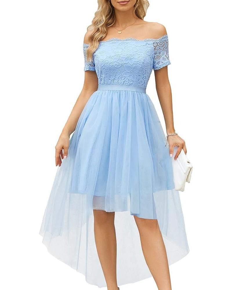 Womens Off The Shoulder Short Sleeve High Low Prom Dresses 2024 for Wedding Guest Cocktail Party Formal Dress Tulle- Blue $16...