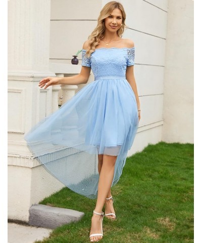 Womens Off The Shoulder Short Sleeve High Low Prom Dresses 2024 for Wedding Guest Cocktail Party Formal Dress Tulle- Blue $16...