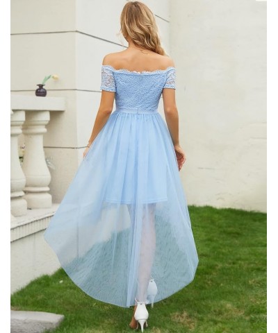 Womens Off The Shoulder Short Sleeve High Low Prom Dresses 2024 for Wedding Guest Cocktail Party Formal Dress Tulle- Blue $16...