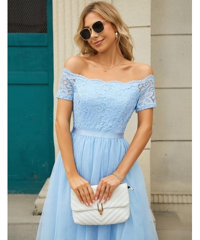 Womens Off The Shoulder Short Sleeve High Low Prom Dresses 2024 for Wedding Guest Cocktail Party Formal Dress Tulle- Blue $16...