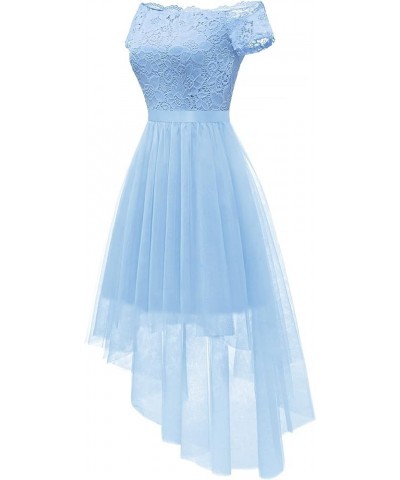 Womens Off The Shoulder Short Sleeve High Low Prom Dresses 2024 for Wedding Guest Cocktail Party Formal Dress Tulle- Blue $16...