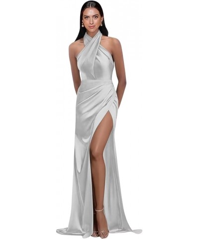 Halter Prom Dresses Long 2024 Satin Pleats Bridesmaid Dresses with Slit Mermaid Formal Dresses Silver $30.15 Dresses