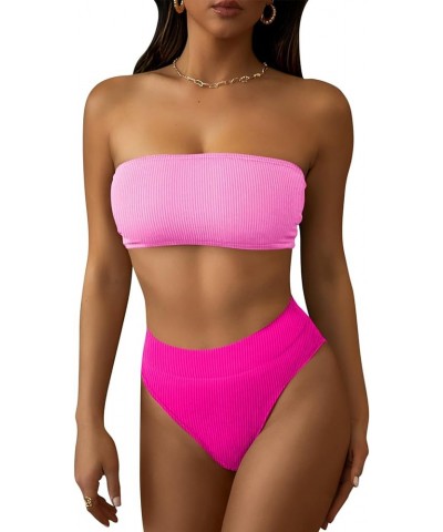 Women's Ribbed High Waisted Bikini Set Removable Strap Bandeau Swimsuit 02 - Color Block Pink $16.16 Swimsuits