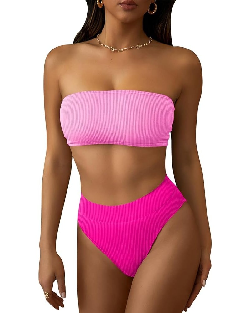 Women's Ribbed High Waisted Bikini Set Removable Strap Bandeau Swimsuit 02 - Color Block Pink $16.16 Swimsuits