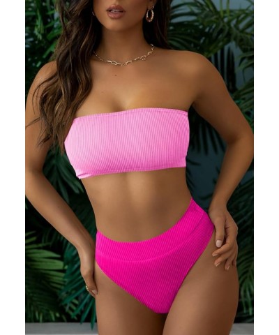 Women's Ribbed High Waisted Bikini Set Removable Strap Bandeau Swimsuit 02 - Color Block Pink $16.16 Swimsuits