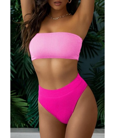 Women's Ribbed High Waisted Bikini Set Removable Strap Bandeau Swimsuit 02 - Color Block Pink $16.16 Swimsuits