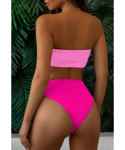 Women's Ribbed High Waisted Bikini Set Removable Strap Bandeau Swimsuit 02 - Color Block Pink $16.16 Swimsuits