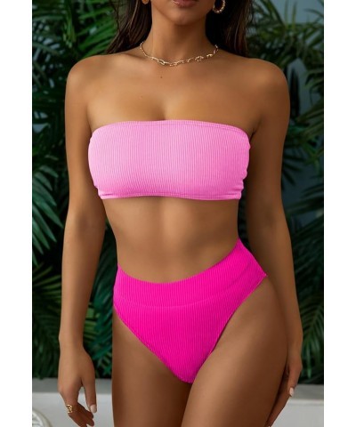 Women's Ribbed High Waisted Bikini Set Removable Strap Bandeau Swimsuit 02 - Color Block Pink $16.16 Swimsuits