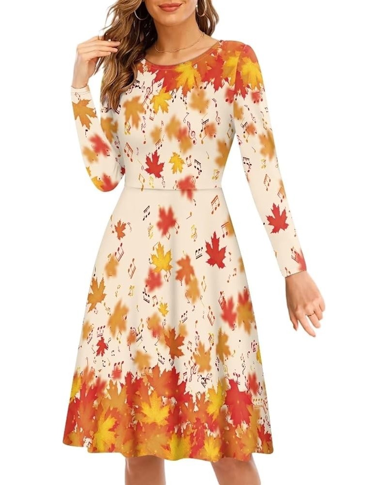 Midi Dresses for Women Fall Long Sleeve Puffy Dress Size S-4XL Maple Leaves & Notes $13.50 Dresses
