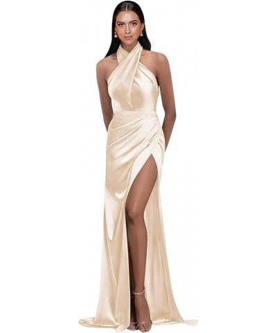 Halter Prom Dresses Long 2024 Satin Pleats Bridesmaid Dresses with Slit Mermaid Formal Dresses Silver $30.15 Dresses