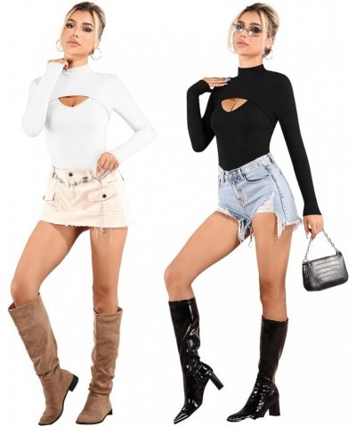 Women's Cutout Front T Shirt Short Sleeve Sleeveless Long Sleeve Bodysuit Jumpsuits D Long Sleeve White $15.80 Bodysuits