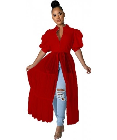 Shirt Dresses for Women Sexy Short Sleeve High Low Ruffle Tunic Blouse Dress Birthday Outfits Elegant Red $14.99 Blouses