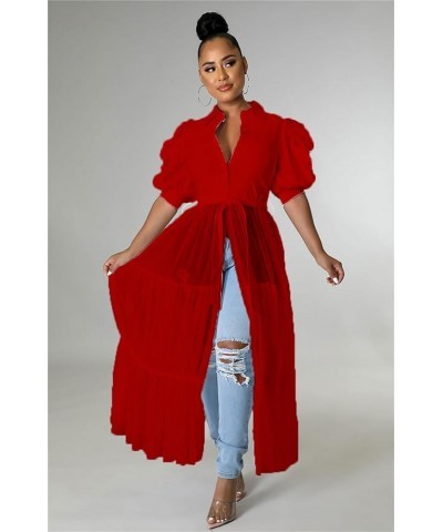 Shirt Dresses for Women Sexy Short Sleeve High Low Ruffle Tunic Blouse Dress Birthday Outfits Elegant Red $14.99 Blouses