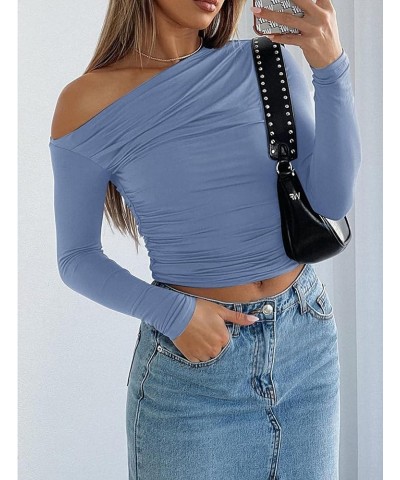 Womens Long Sleeve Off Shoulder Casual Crop Tops Basic Slim Fit T Shirts Going Out Y2K Spring Fashion 2024 Blue $11.00 T-Shirts