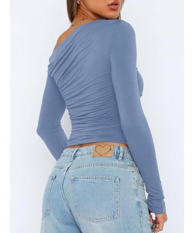 Womens Long Sleeve Off Shoulder Casual Crop Tops Basic Slim Fit T Shirts Going Out Y2K Spring Fashion 2024 Blue $11.00 T-Shirts