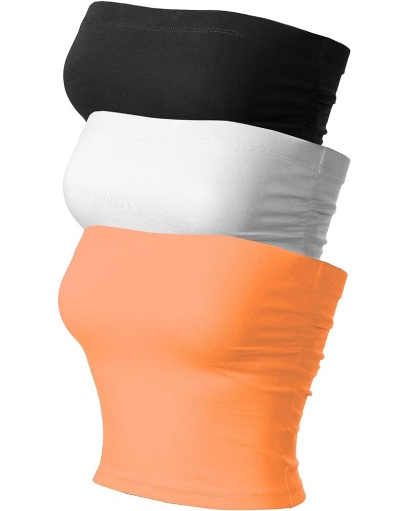 Women's Basic Casual Ruched Side Stretchy Tube Tops 3pack - Black/White/Neon Orange (Ruched Side) $14.26 Activewear