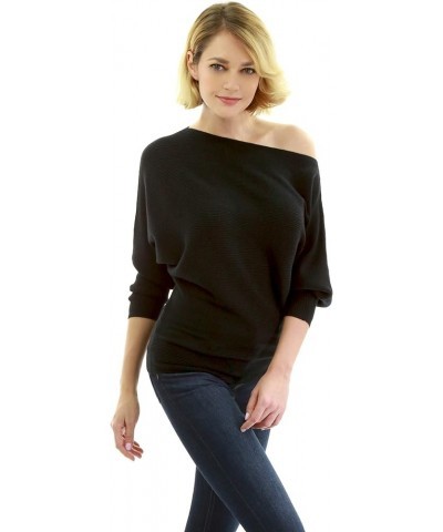 Women One Shoulder Batwing Ribbed Sweater Black $18.48 Sweaters