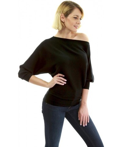 Women One Shoulder Batwing Ribbed Sweater Black $18.48 Sweaters