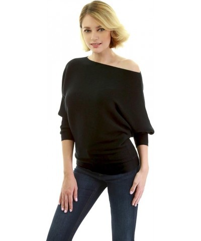 Women One Shoulder Batwing Ribbed Sweater Black $18.48 Sweaters