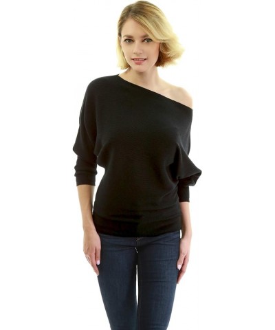 Women One Shoulder Batwing Ribbed Sweater Black $18.48 Sweaters