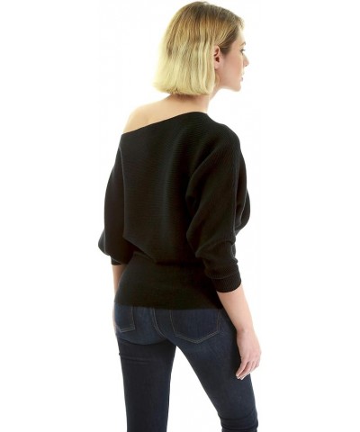 Women One Shoulder Batwing Ribbed Sweater Black $18.48 Sweaters