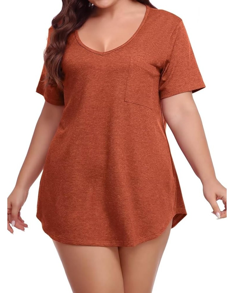 Women Plus Size V-Neck Tunic Tops Loose T Shirt with Pocket D-dark Orange $15.67 Tops