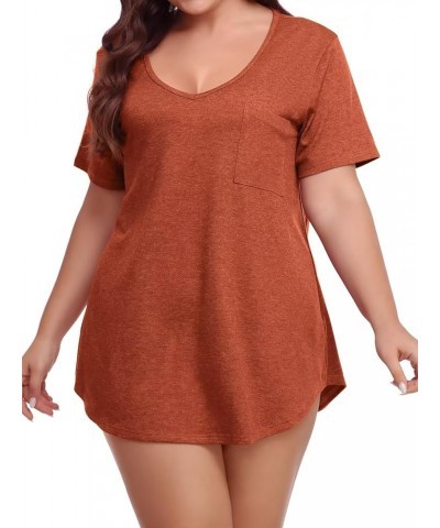 Women Plus Size V-Neck Tunic Tops Loose T Shirt with Pocket D-dark Orange $15.67 Tops