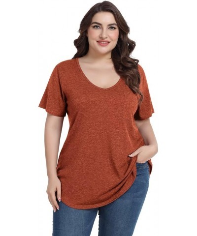 Women Plus Size V-Neck Tunic Tops Loose T Shirt with Pocket D-dark Orange $15.67 Tops