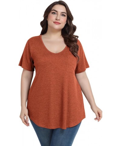 Women Plus Size V-Neck Tunic Tops Loose T Shirt with Pocket D-dark Orange $15.67 Tops