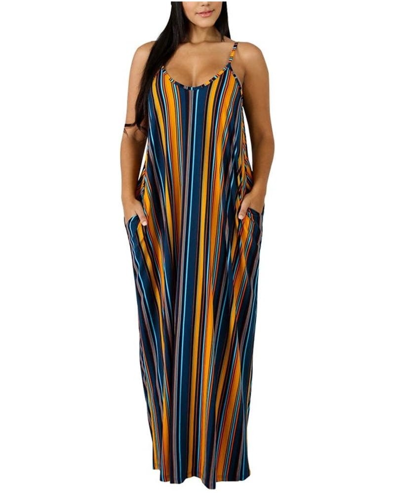 Women's Casual Summer Maxi Dresses Sleeveless Adjustable Spaghetti Strap Loose Plus Size Dresses Fa Navystripe08s $18.89 Acti...