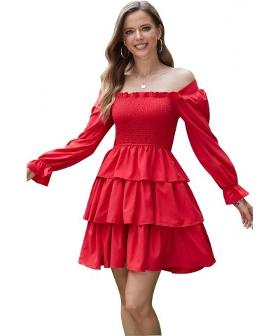 Women Square Neck Off Shoulder Puff Long Sleeve Smocked Dressed Floral Tiered Swing Solid Layered Mini Dress Red $14.26 Dresses