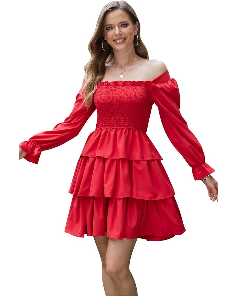 Women Square Neck Off Shoulder Puff Long Sleeve Smocked Dressed Floral Tiered Swing Solid Layered Mini Dress Red $14.26 Dresses