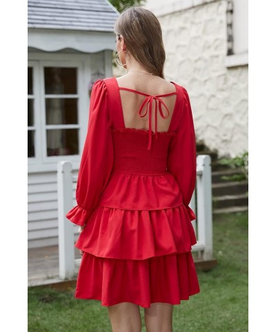 Women Square Neck Off Shoulder Puff Long Sleeve Smocked Dressed Floral Tiered Swing Solid Layered Mini Dress Red $14.26 Dresses