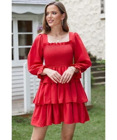 Women Square Neck Off Shoulder Puff Long Sleeve Smocked Dressed Floral Tiered Swing Solid Layered Mini Dress Red $14.26 Dresses