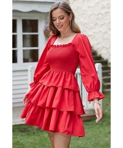 Women Square Neck Off Shoulder Puff Long Sleeve Smocked Dressed Floral Tiered Swing Solid Layered Mini Dress Red $14.26 Dresses