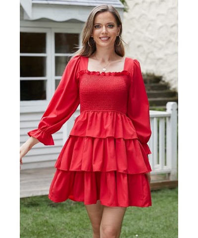 Women Square Neck Off Shoulder Puff Long Sleeve Smocked Dressed Floral Tiered Swing Solid Layered Mini Dress Red $14.26 Dresses