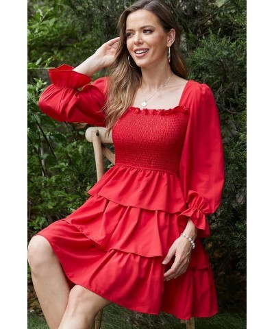 Women Square Neck Off Shoulder Puff Long Sleeve Smocked Dressed Floral Tiered Swing Solid Layered Mini Dress Red $14.26 Dresses