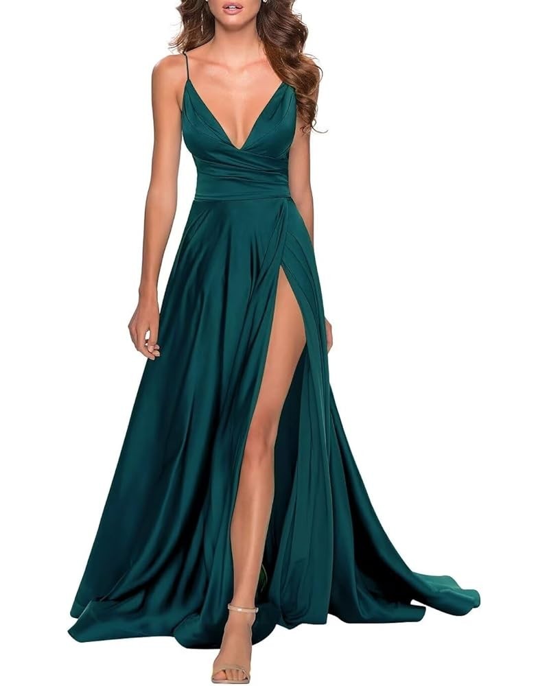 Satin Prom Dress Long with Slit A Line Sexy Backless Formal Evening Gown for Women Peacock Green $35.70 Dresses