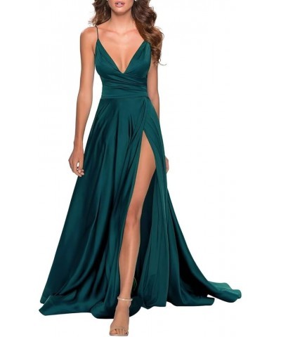 Satin Prom Dress Long with Slit A Line Sexy Backless Formal Evening Gown for Women Peacock Green $35.70 Dresses