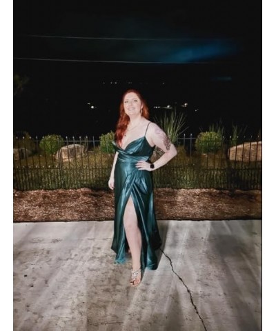 Satin Prom Dress Long with Slit A Line Sexy Backless Formal Evening Gown for Women Peacock Green $35.70 Dresses