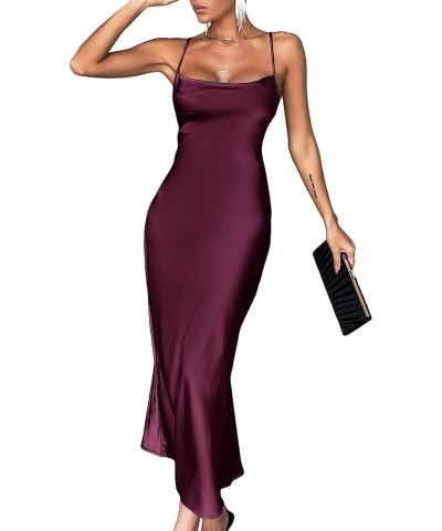 Women's Cut Out Tie Backless Cowl Neck Spaghetti Strap Satin Cocktail Maxi Dress Purple $23.31 Dresses