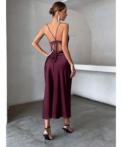 Women's Cut Out Tie Backless Cowl Neck Spaghetti Strap Satin Cocktail Maxi Dress Purple $23.31 Dresses