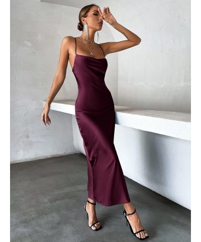 Women's Cut Out Tie Backless Cowl Neck Spaghetti Strap Satin Cocktail Maxi Dress Purple $23.31 Dresses