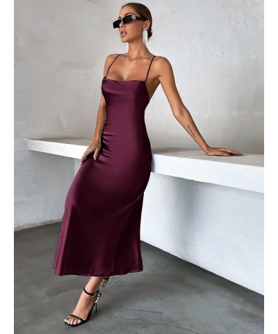 Women's Cut Out Tie Backless Cowl Neck Spaghetti Strap Satin Cocktail Maxi Dress Purple $23.31 Dresses