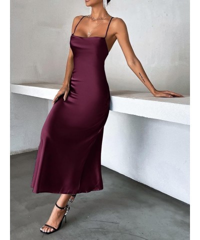 Women's Cut Out Tie Backless Cowl Neck Spaghetti Strap Satin Cocktail Maxi Dress Purple $23.31 Dresses