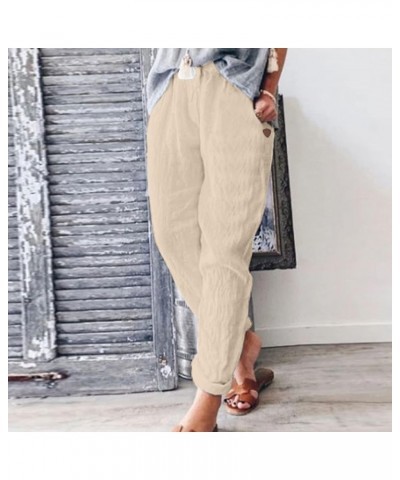 Women's Tapered Linen Pants Casual Straight Leg Drawstring Elastic Waist Loose Comfy Joggers Trousers with Pockets 07-beige $...